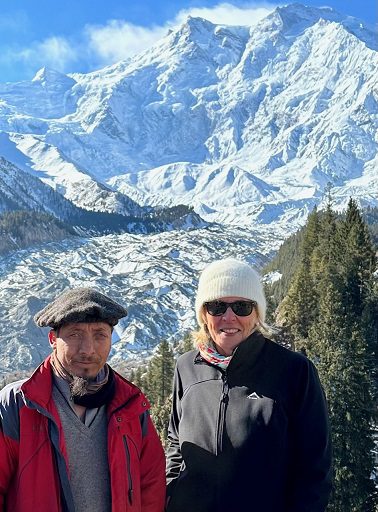 PTM Kathy Millett with the owner of the Rakat Sarai hotel in Fairy Meadows National Park, with Nanga Parbat (at 8125 metres, the world’s ninth-highest peak) behind them.